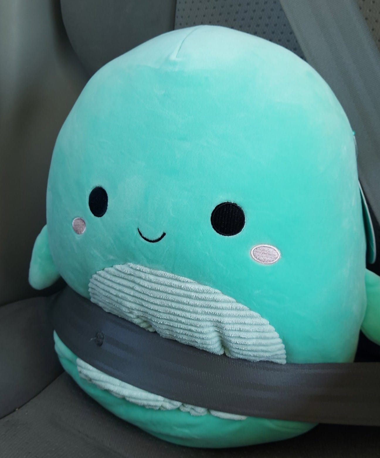 A green Loch Ness Monster Squishmallow is seat belted into a car's seat